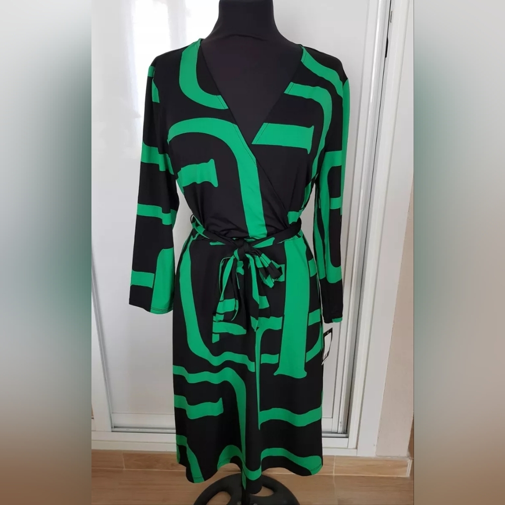 NWT INC International Concepts L green black faux-wrap v-neck belted dress